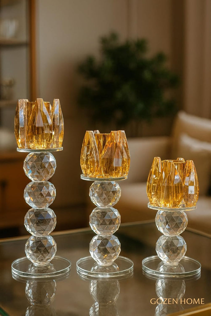 Crystal Candle Holder Set 3 Piece Gold Amber Glass 6.3 x 5.5 in - Gold