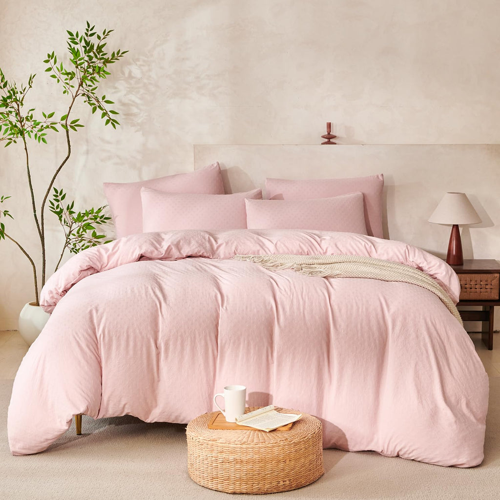 Pink Comforter Set Queen Polka Dot Soft Luxury Washed Microfiber Jacquard 3 Pieces Bedding Set, Pink Polka Dot