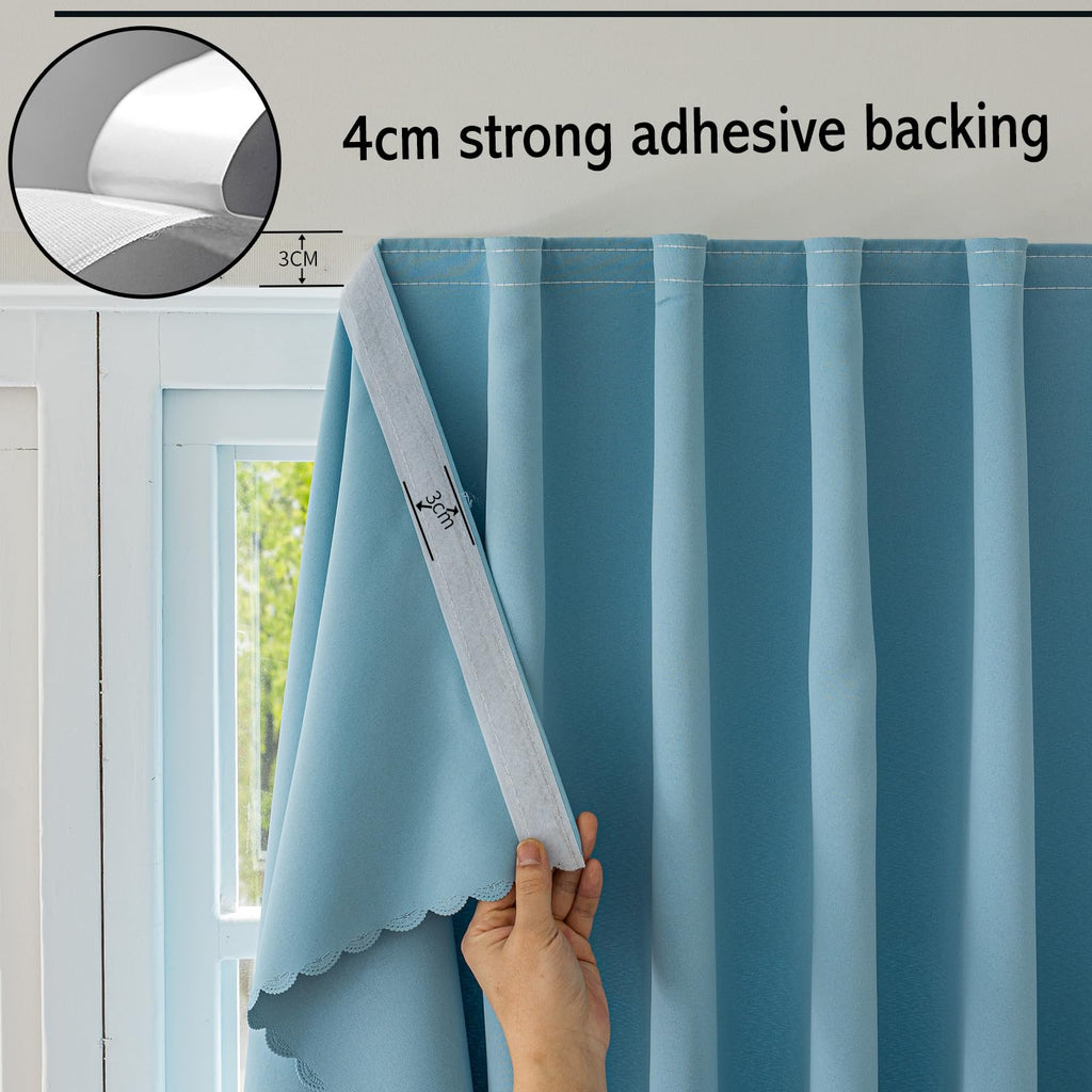 Magic Tape Stick on Curtains Blackout Curtains no Drillng Self Adhesive Curtain no Rod Small Window (Sky Blue, 59" W