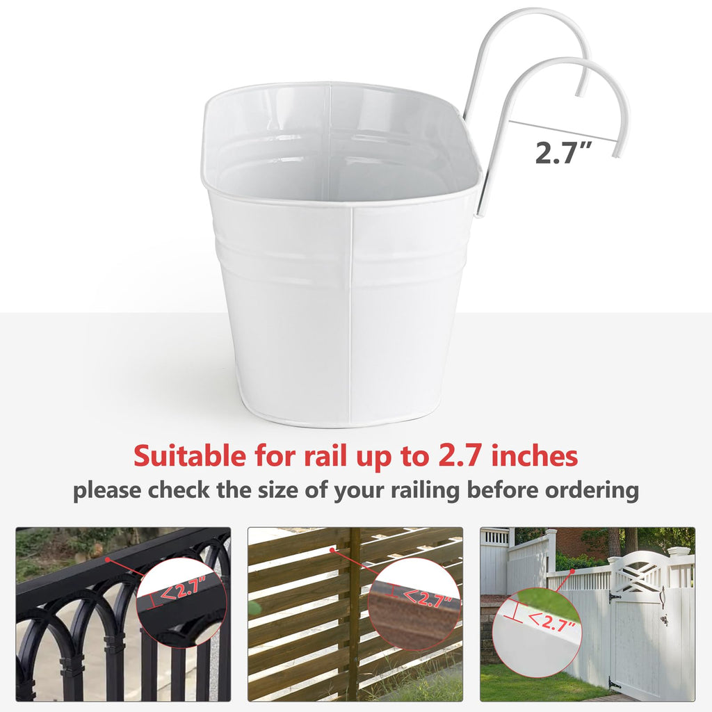 15 Inches Railing Planter Box 5 Pcs Metal Hanging Flower Pots, White