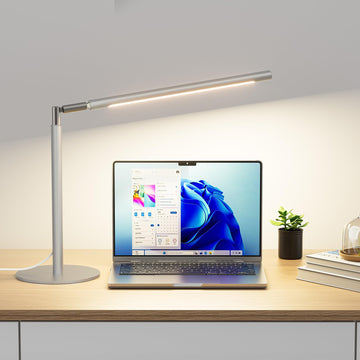 Silver LED Desk Lamp, 16" Dimmable Metal Desk Light with Base, 15W 1200LM, Adapter Included, Color & Brightness