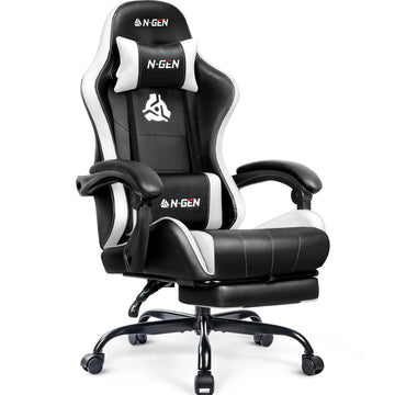 Gaming Chair, Footrest, Lumbar, High-Back, White Black