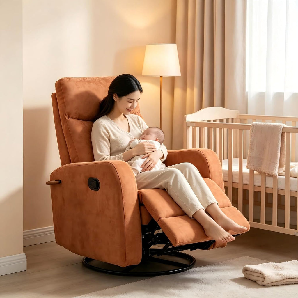 360° Swivel Glider Rocker Recliner Chair, Manual Reclining Fabric Lounge Chair with Side Pull Handle, Upholstered