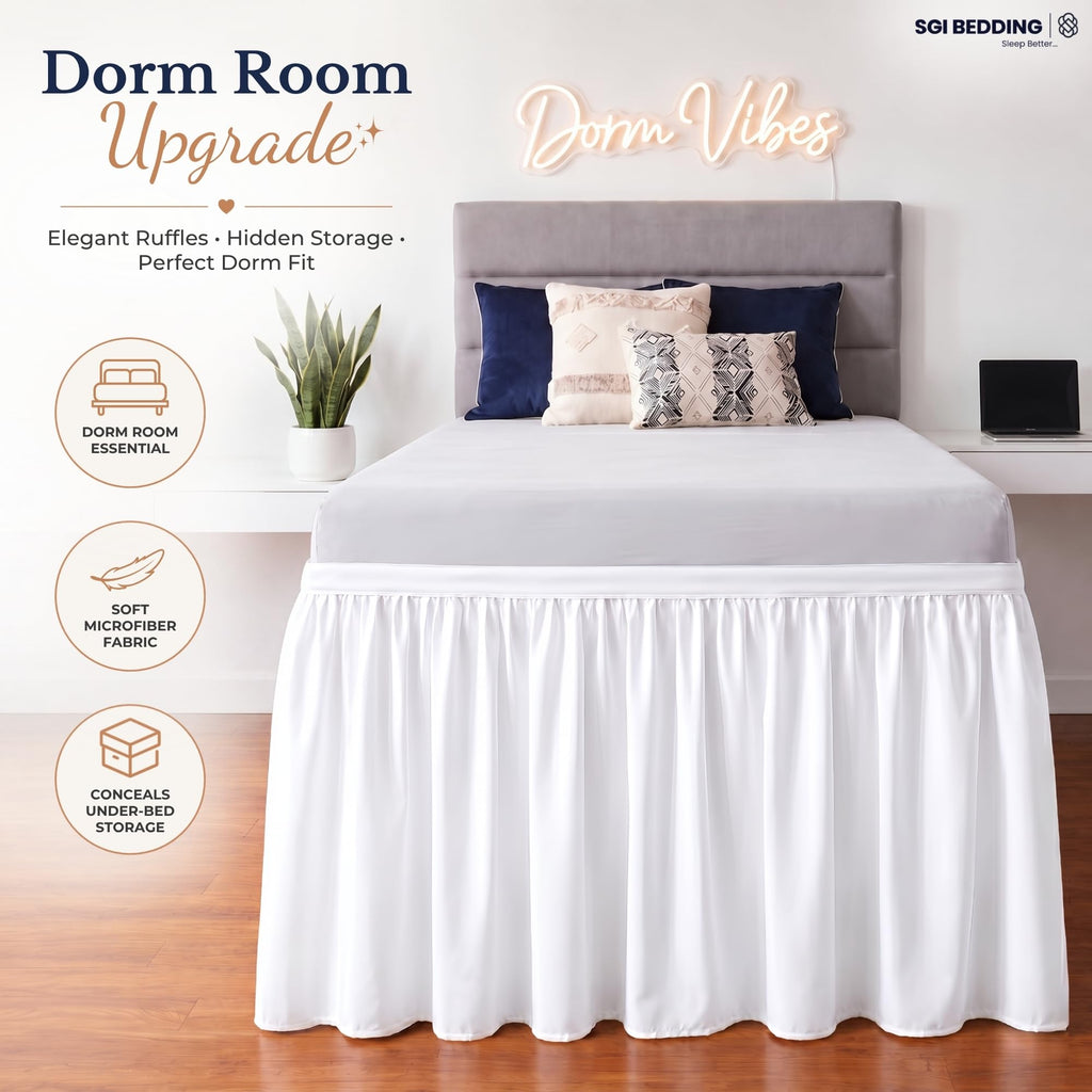 Dorm Bed Skirt Twin XL 30 Inch Drop Length - White, Ruffled Pattern College Dorm Room Dust Ruffle - Split Corner