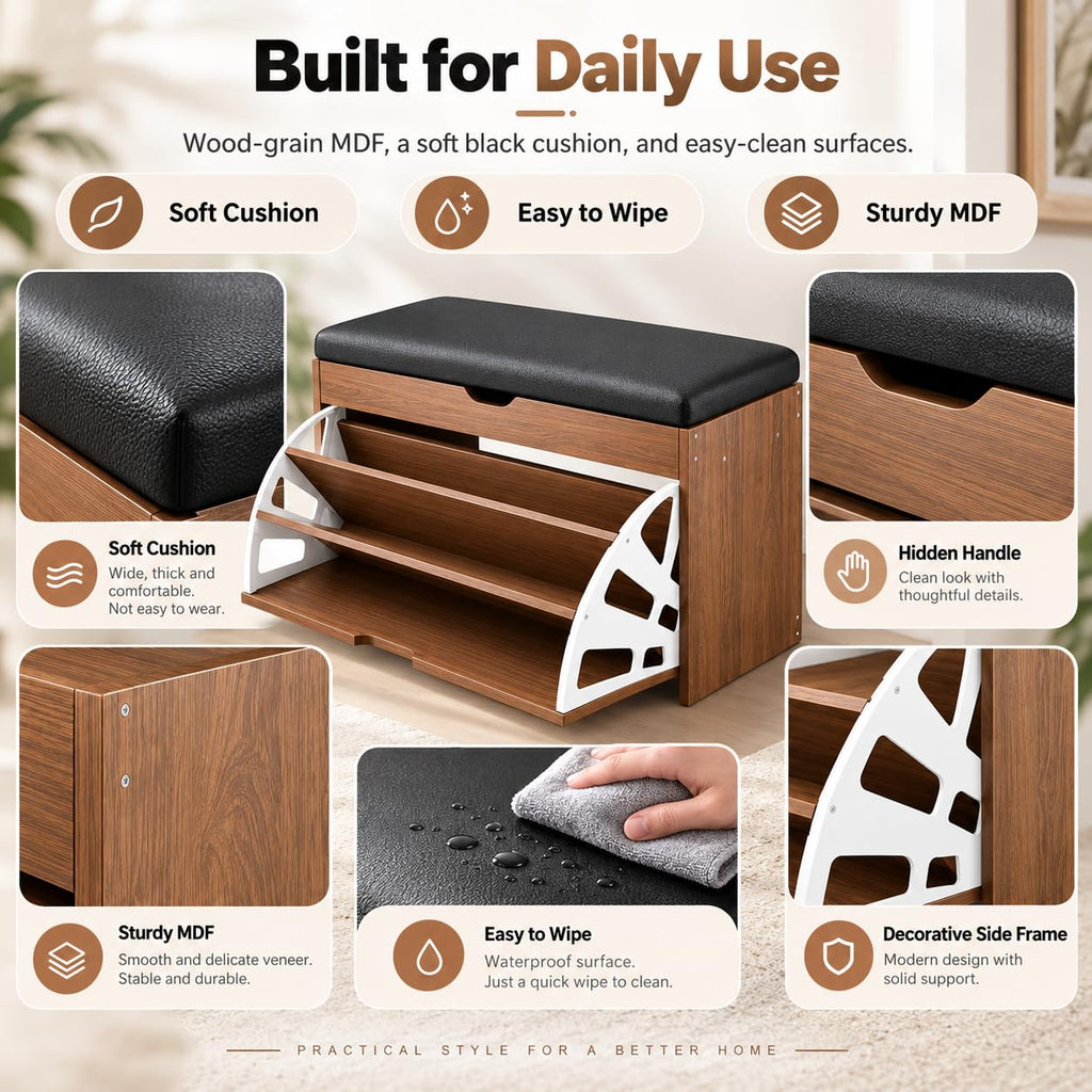 Wood Shoe Storage Bench with Cushion, Flip-up Drawer