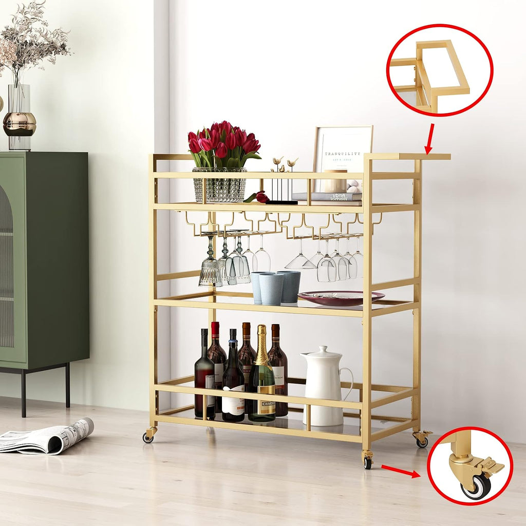 Gold Bar Carts with 3 Tier Glass Shelves, Rolling Serving Bar Cart with Wine Rack and Glass Holder, Home Bar Carts &
