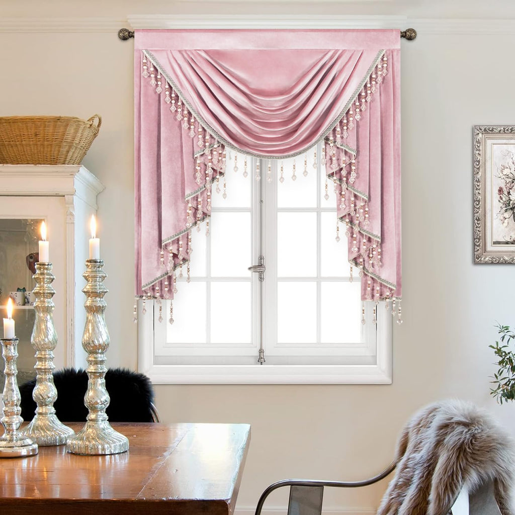 Solid Pink Waterfall Valance with Luxury Tassels, Rod Pocket Elegant Velvet Swag Valance, European Style Window