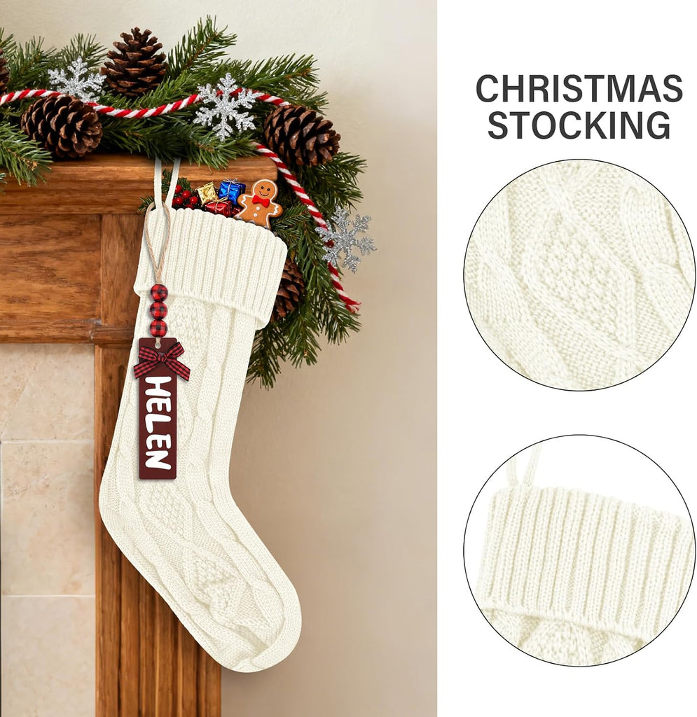 Inch Large Cable Knitted Xmas Hanging Stockings with DIY Wooden Name Tags for Family Holiday Decor (White) - Set of 2