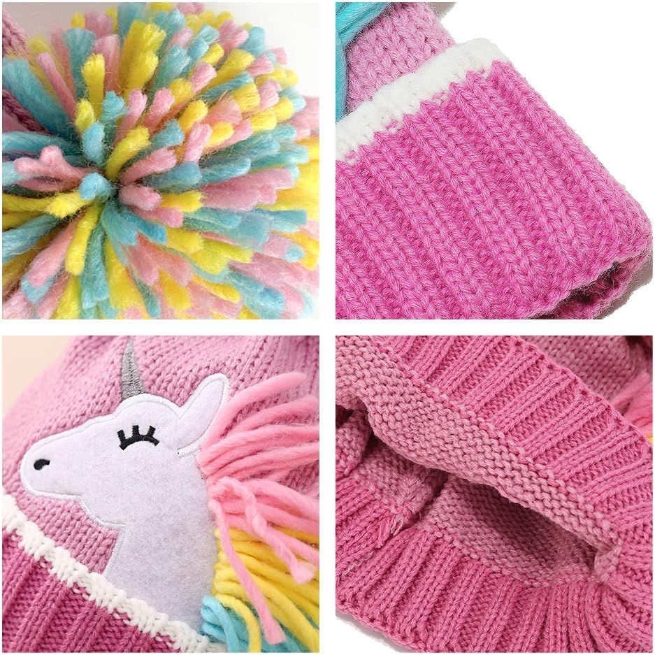 Knitted Kids Winter Hat Gloves Scarf Set, Toddler Unicorn Beanie Hats with Top Pom for Girls 3-6 Red