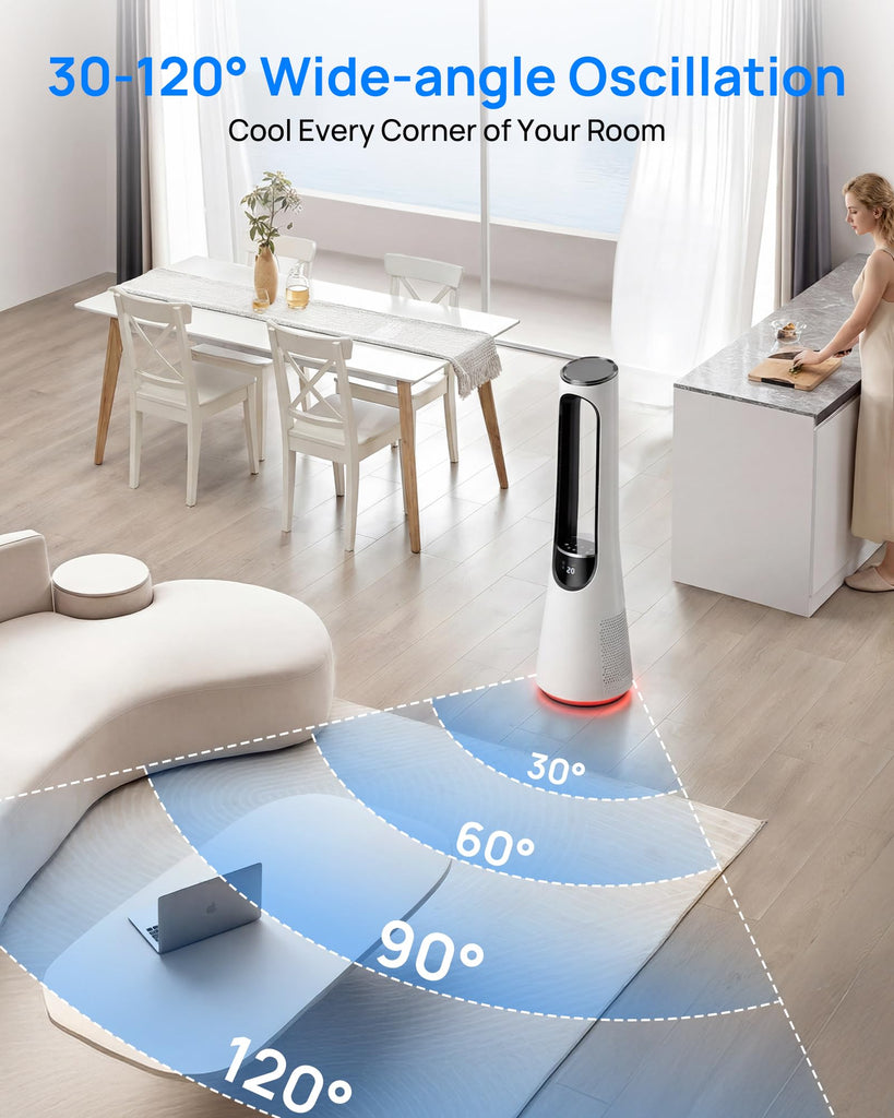 38" Bladeless Tower Fan, 120° Oscillation Quiet Standing Fans, 20 Speeds & 4 Modes, Ambient Light, Remote Control