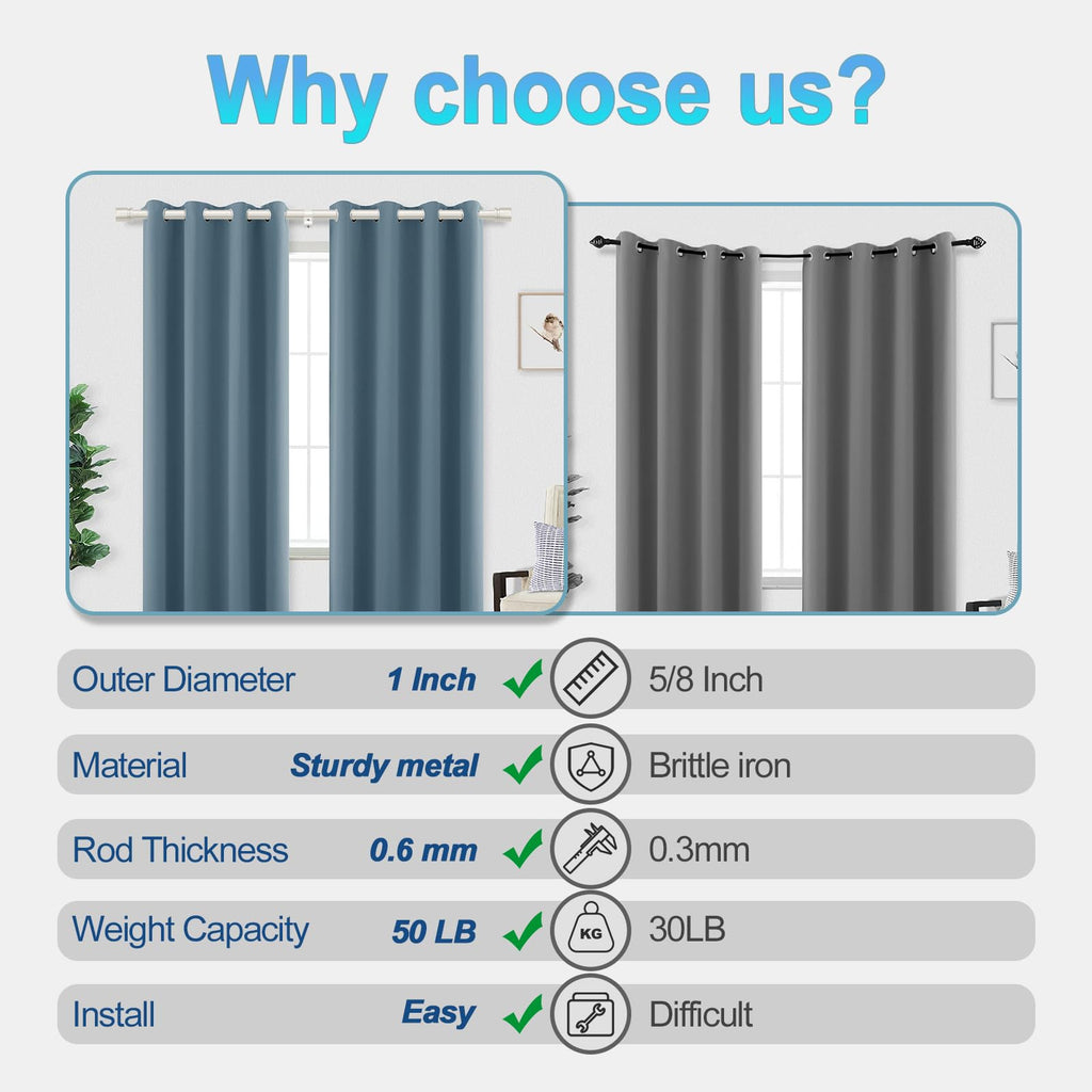 Curtain Rods for Windows 16 to 200 Inches Adjustable Length 1 Inch Diameter Window Curtain Rod with Aluminium End
