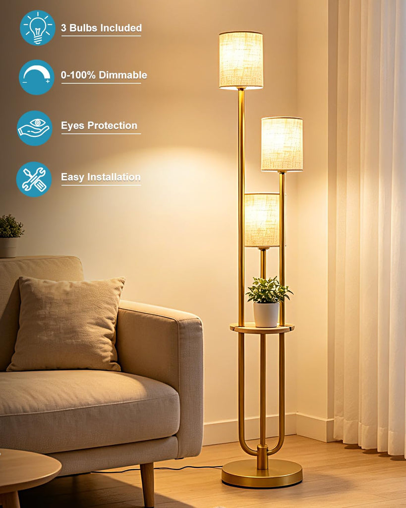 Dimmable Floor Lamp 3-Light Modern Floor Lamps with Table 3000K Warmwhite Gold Standing Lamp with 5Lbs Heavy Base