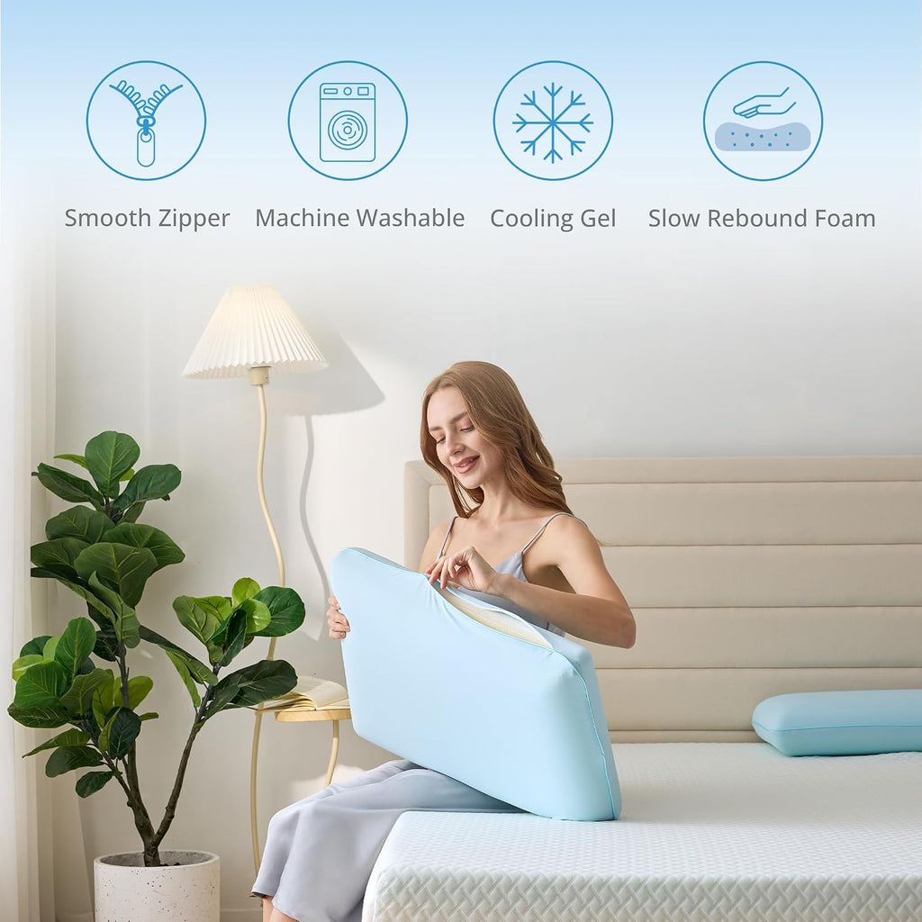 Cooling Gel Memory Foam Pillow for Hot & Side Sleepers, Neck Support, Blue | Ergonomic Pressure Relief, Fits Back &