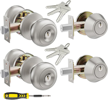 2 Set All Keyed Same Entry Door Knobs and Single Cylinder Deadbolt Combo Set for Entrance and Front Door, Keyed Alike