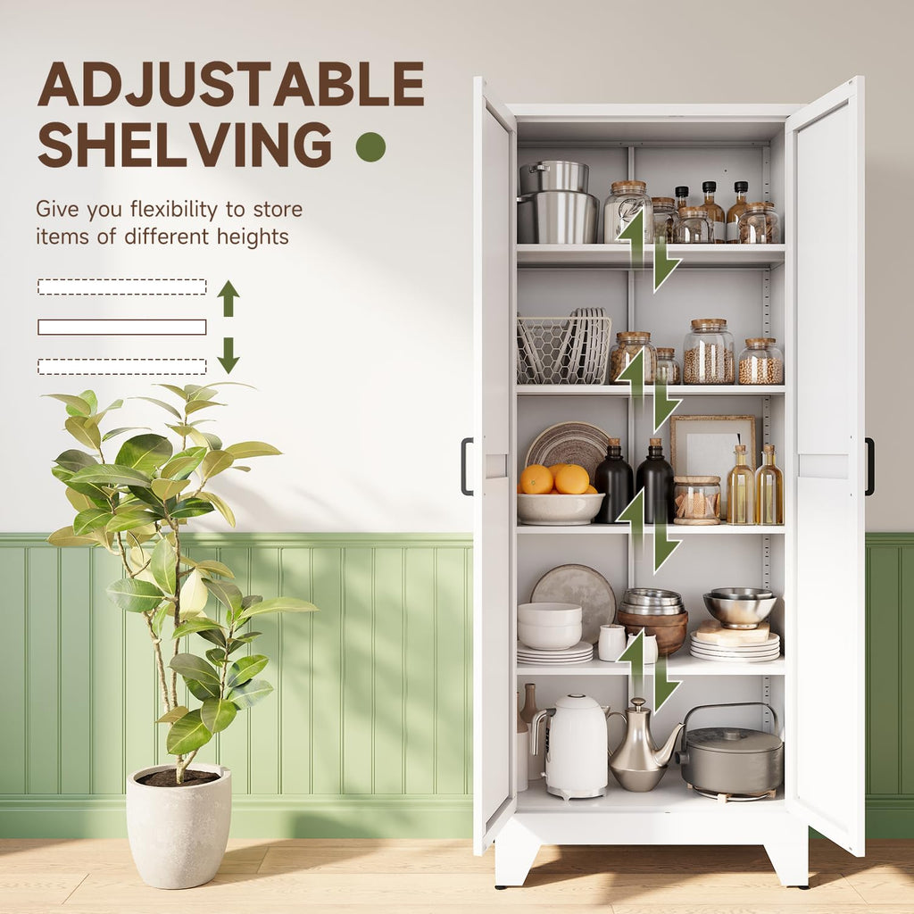 75" H Metal Storage Cabinet with 2 Doors and 4 Shelves, Tall Kitchen Pantry Cabinets, Farmhouse Utility Pantry