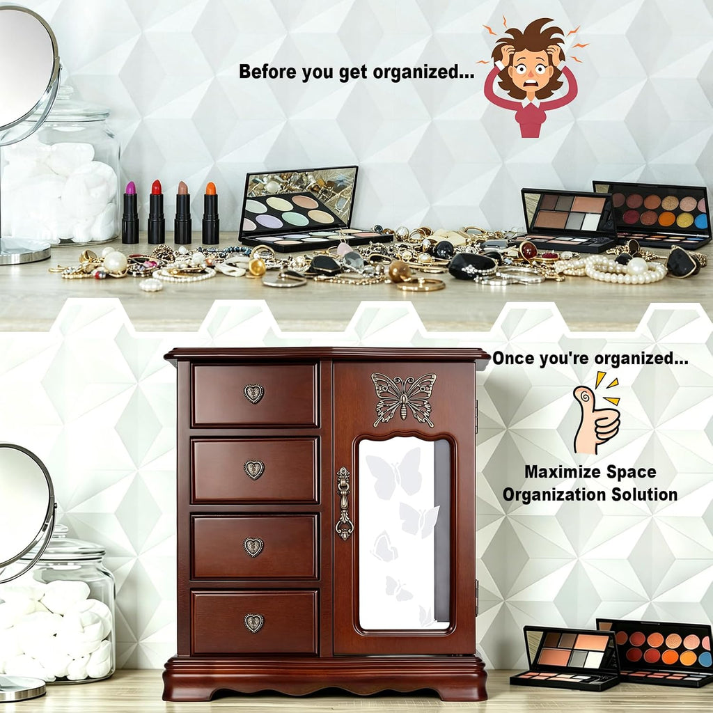 Solid Wood Jewelry Box for Women Brown