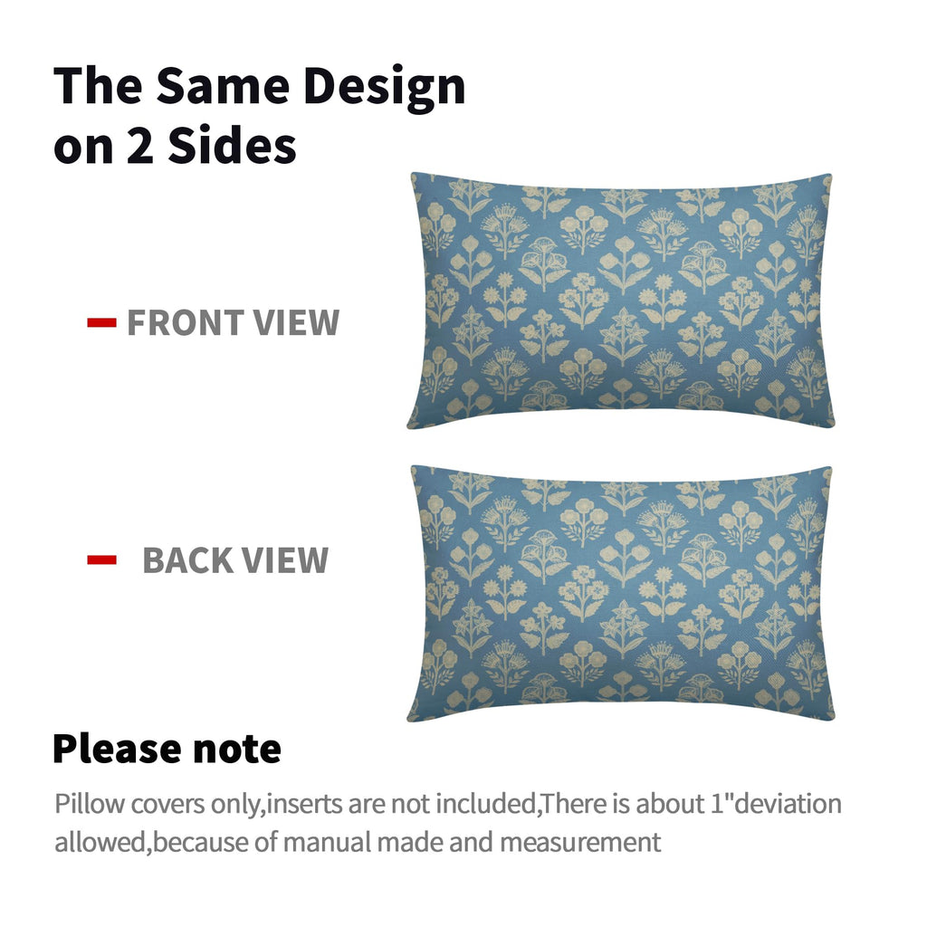 Light Blue Pillow Covers 12x20 Inch Set of 2, Cream Floral Block Print Pattern Lumbar Decorative Throw Pillowcases