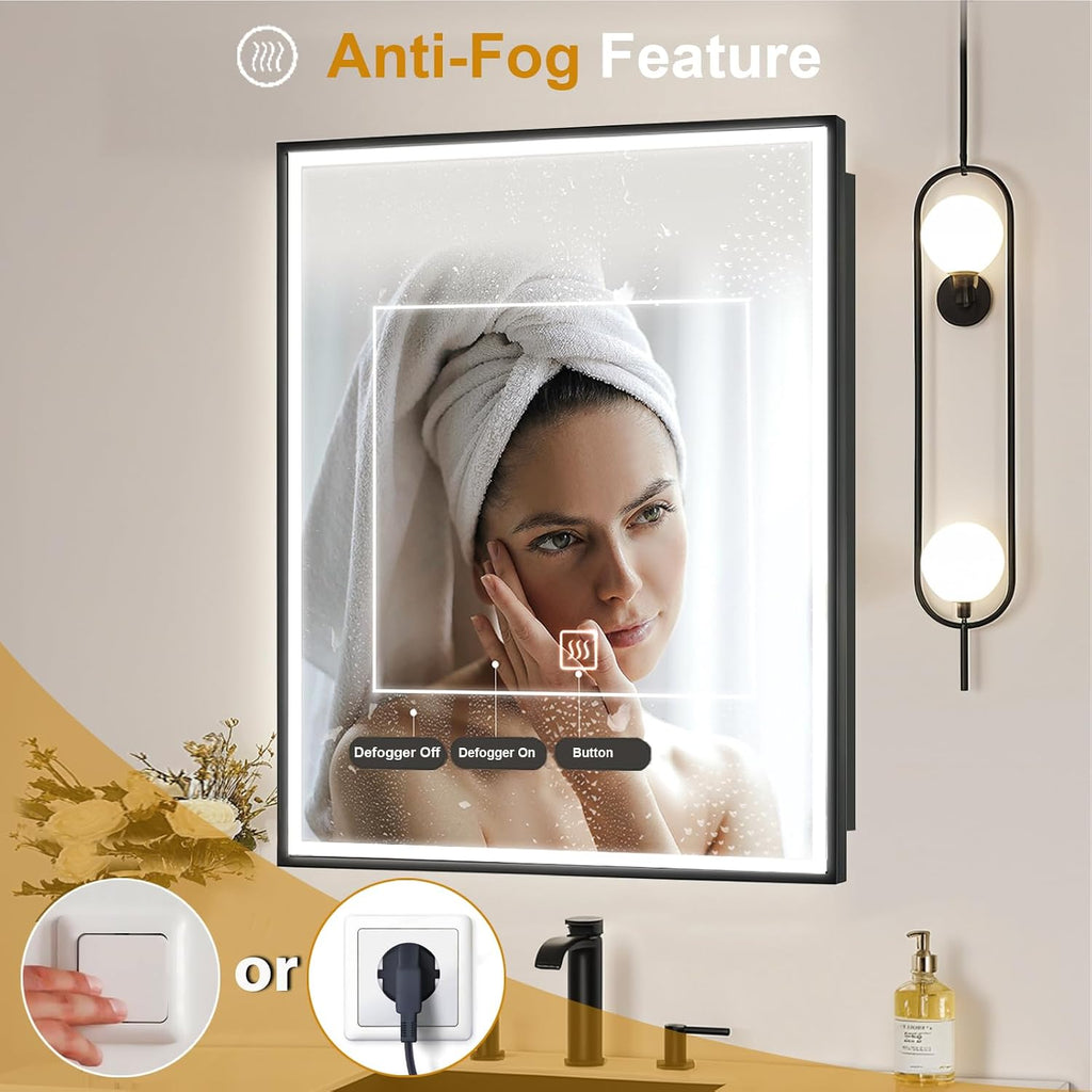 LED Lighted Medicine Cabinet with Mirror, Recessed or Wall Mounted Bathroom Mirror with Storage, Anti-Fog, 3-Color