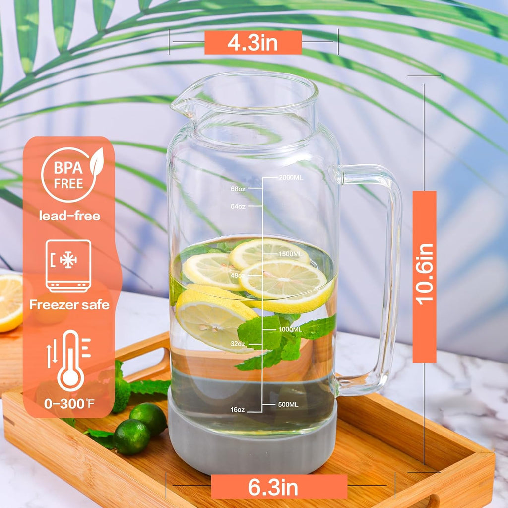 68oz Glass Pitcher with Lid, 2 Liter Water Carafe with Silicone Base and Precise Scale Line, Ice Tea Pitcher for