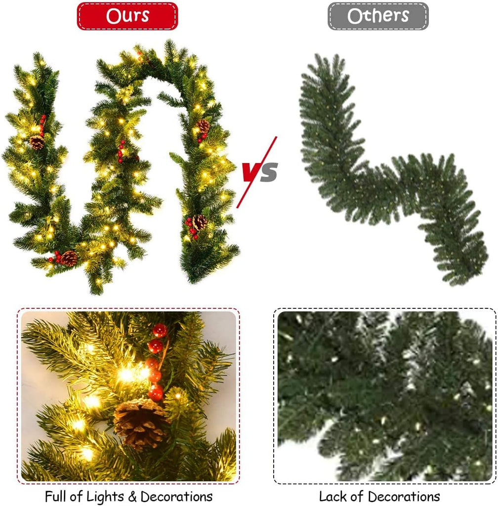 Prelit Artificial Pine Garland w/100 LED Lights, Pine Cones, Red Berries & Timer, Lighted Christmas Garland