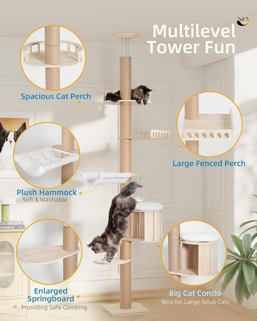 10.2ft Floor to Ceiling Cat Tree for Large Cats, Tall Cat Tower
