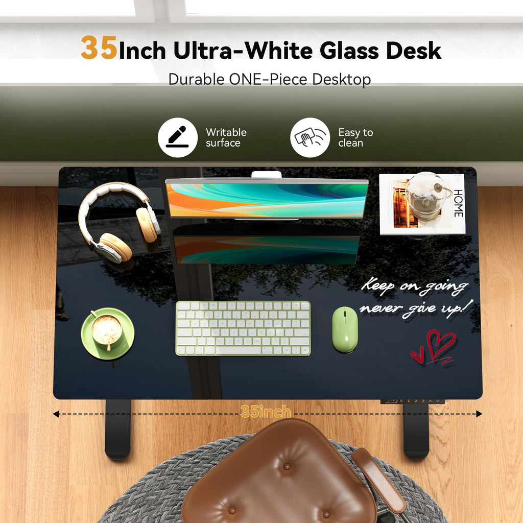 35" Black Glass Standing Desk Height Adjustable with Drawer