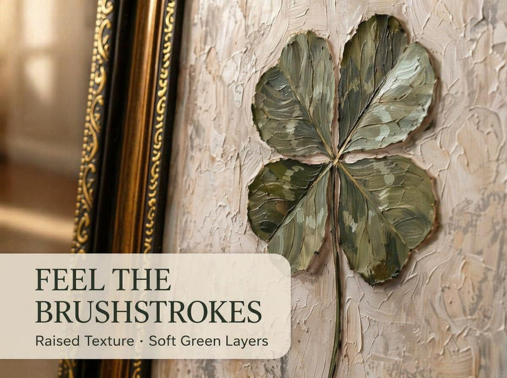 Vintage Framed Four Leaf Clover Wall Art Green Shamrock Botanical Wall Decor Rustic Neutral Green Plant Painting