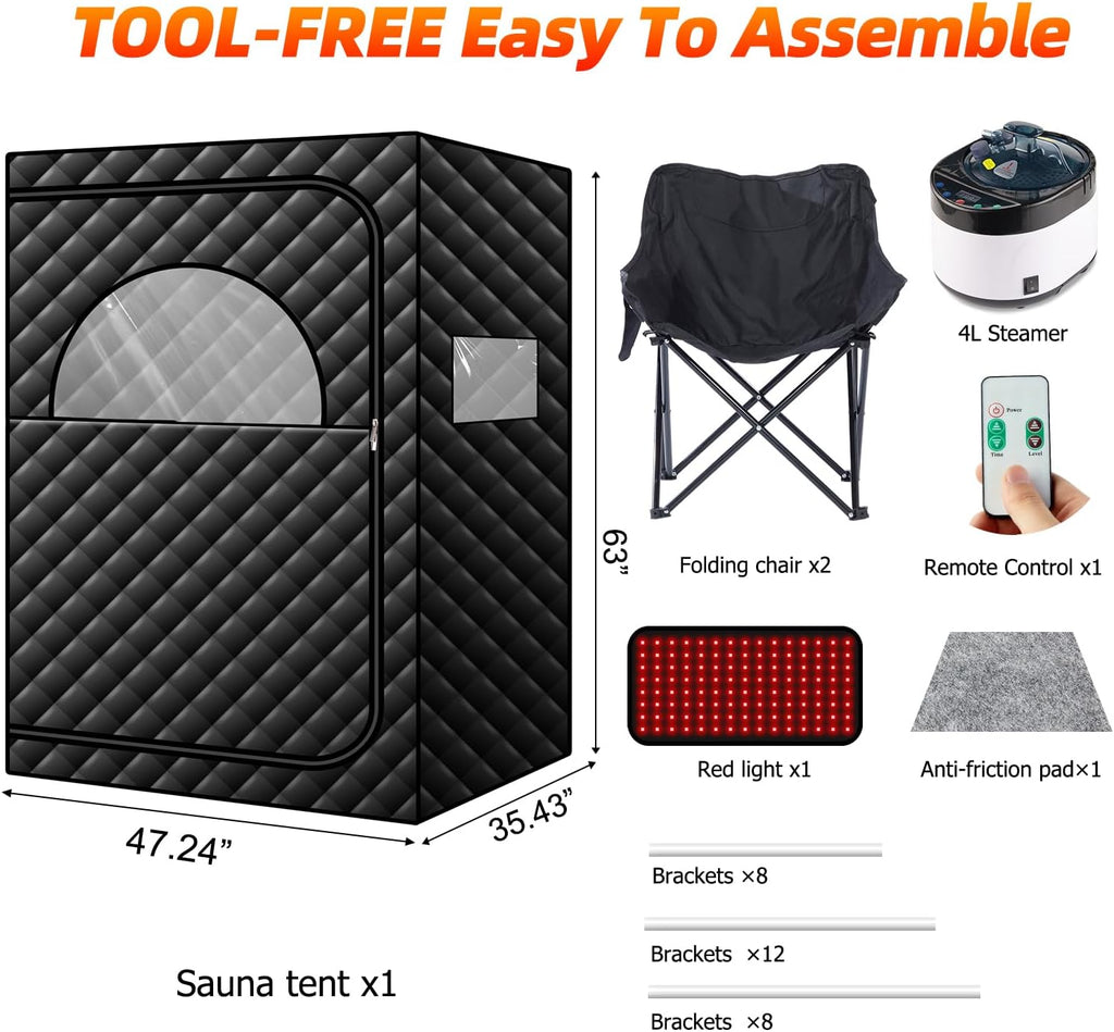 Portable Steam Sauna with 660nm Red Light Therapy, 2 Person Red Light Sauna Spa for Home