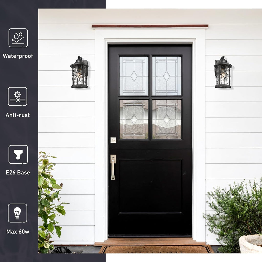 Modern Outdoor Wall Lights, 12 Inch Exterior Wall Lantern, Cast Aluminum with Water Ripple Glass, Black Finish