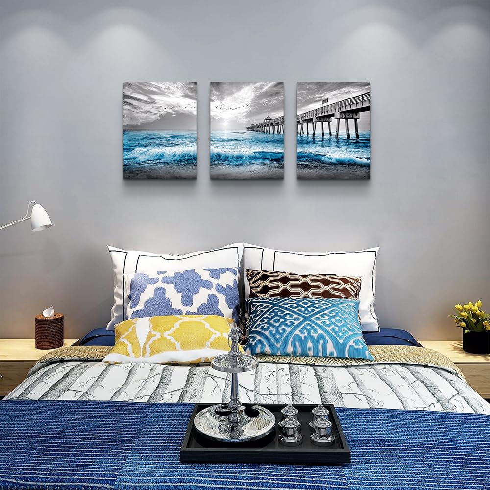 Wall Decorations 3 Piece Framed Canvas Wall Art Black And White Wall Painting Blue Ocean Sea Wave Pictures