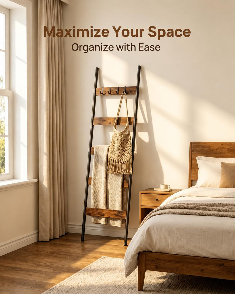 Blanket Ladder, 5-Tier Towel Rack with Hooks, Wall-Leaning Blanket Rack, Decorative Display Ladder Shelf, for