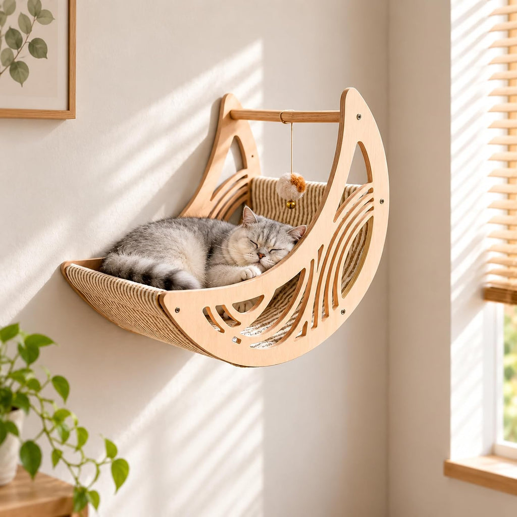 Cat Wall Shelves, Wooden Cat Wall Furniture with Moon Bed & 3 Star Steps, Cat Climbing Wall System, Floating Cat