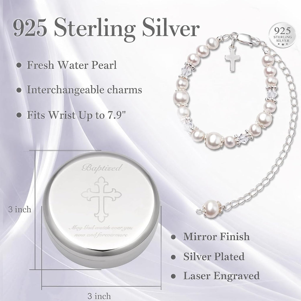 Baptism Bracelet in 925 Sterling Silver and Cultured Pearls for Baby Girls, with Silver-plated Jewelry Keepsake Box