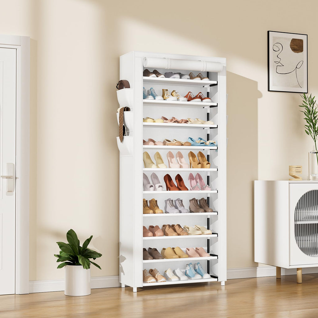 Shoe Rack with Cover 10 Tier Vertical Narrow Tall Shoe Shelf, White