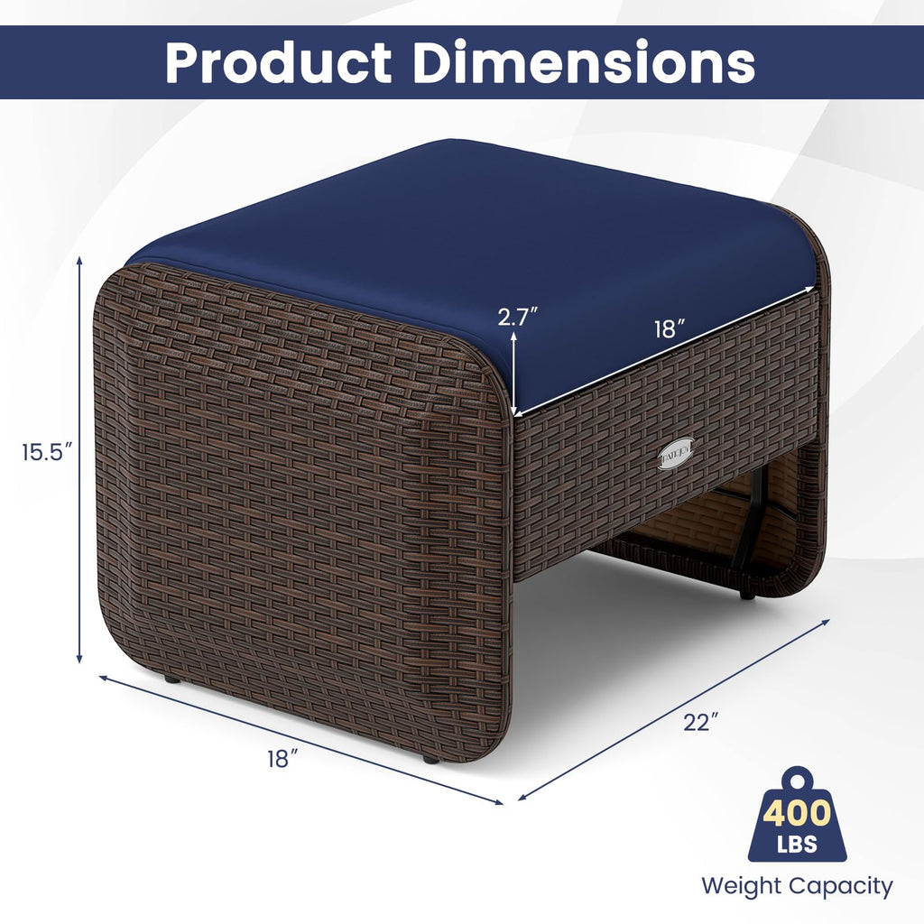 2 Pieces Patio PE Wicker Ottomans with Removable Cushions, Multipurpose Outdoor Furniture for Additional Seating