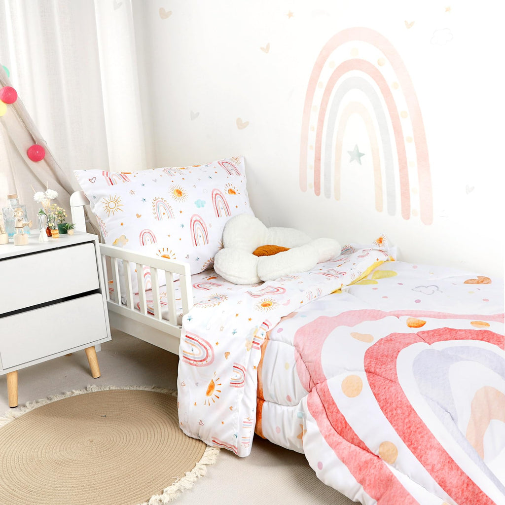 Toddler Bedding Set for Girls 4 Piece Pink Rainbow Toddler Girl Bedding Set Super Soft & Lightweight Toddler