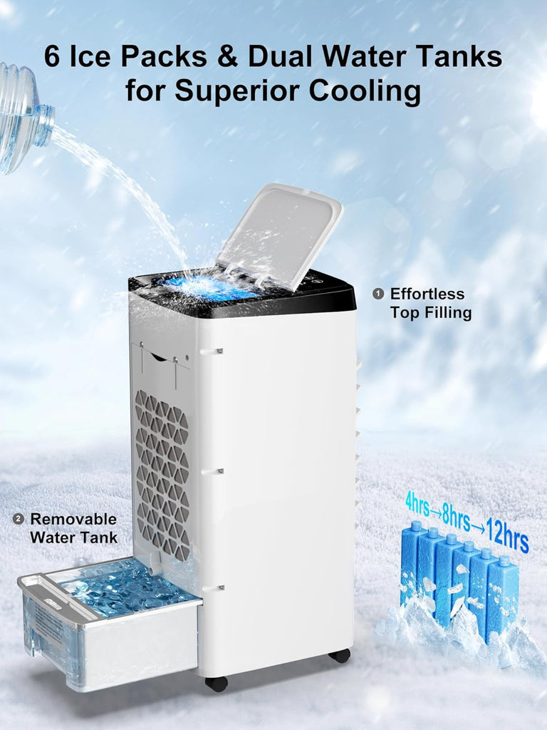 Portable Air Conditioners, 3 IN 1 Evaporative Air Cooler with Detachable Water Tank, 6 Ice Packs, 12H Timer