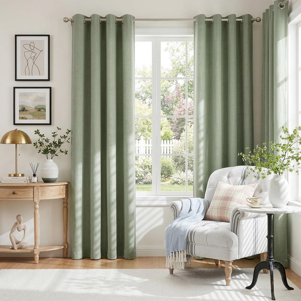 Blackout Linen Curtains 63 Inch Long 2 Panels Set, Sage Green