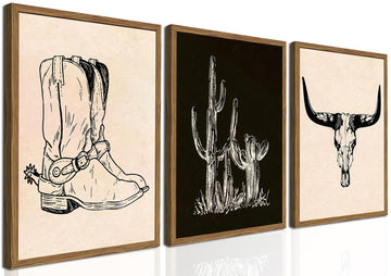 Vintage Western Wall Art Set of 3, Southwestern Cowboy Wall Decor Paintings, Black and White Longhorn Bull Skull