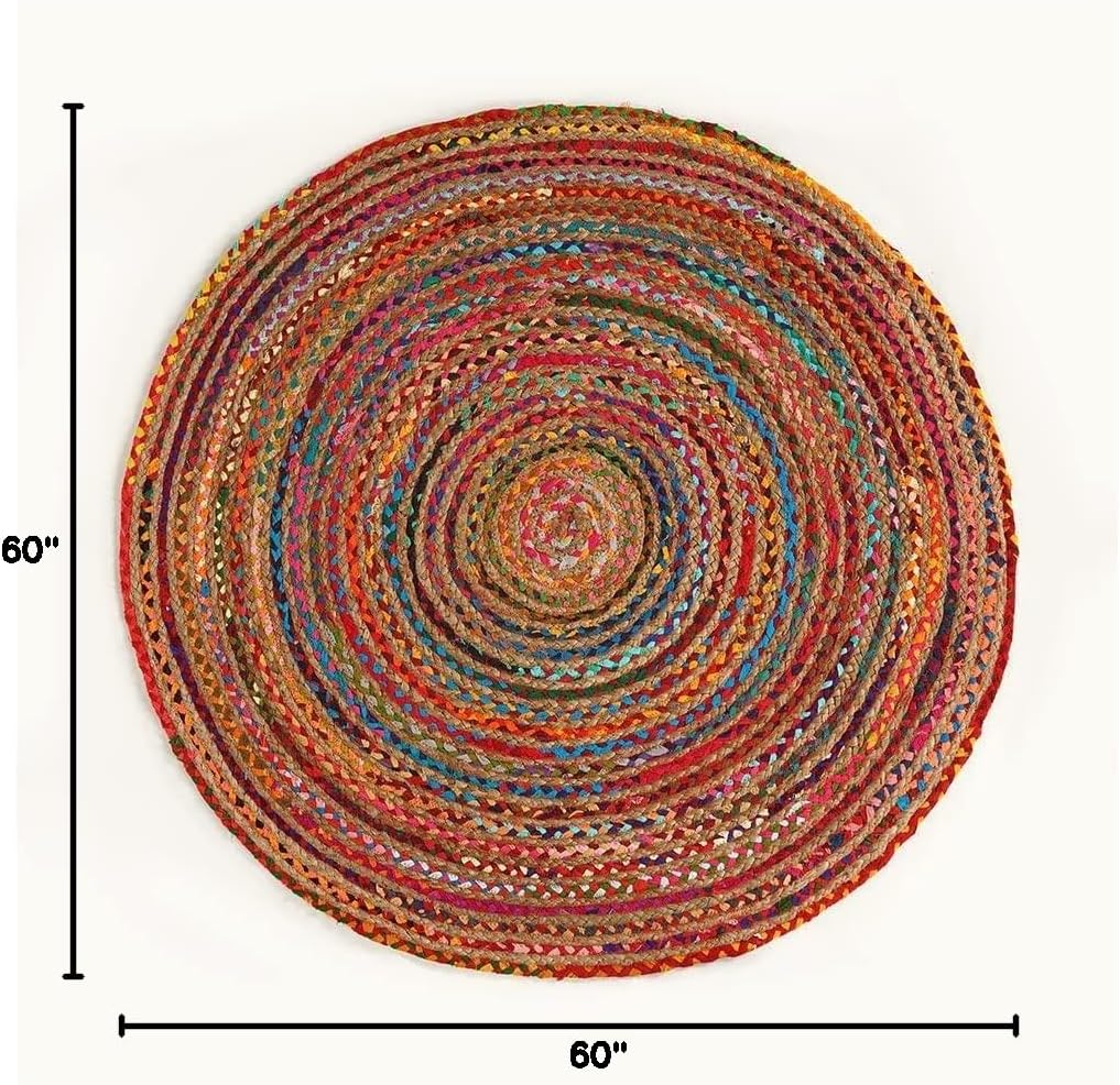 Jute Cotton Area Rug 5ft Round Natural Handwoven Colorful Boho Rug | Jute & Cotton Chindi Braided Rag Rug Multi