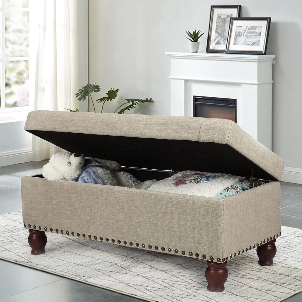 40 Inches Fabric Ottoman Bench with Storage for Living Bed Room, Button Tufted Foot Rest Stool with Solid Wood Legs