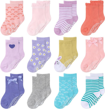 Organic Baby Girl Socks Set of Non-Slip Grip, Soft Cotton Newborn & Toddler Socks - Pastel