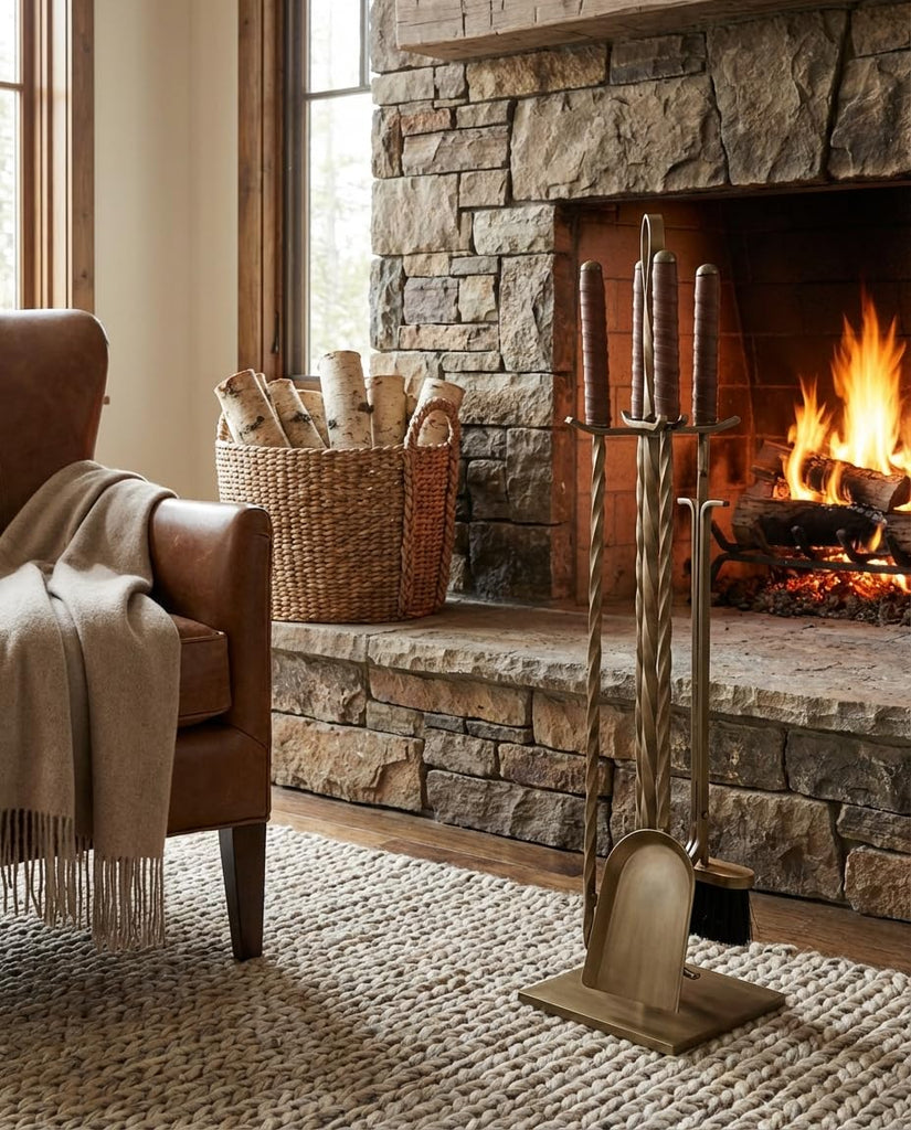 Premium 5-Piece Fireplace Tool Set with Genuine Leather Handles - Antique Brass Finished Wrought Iron - Heavy Duty