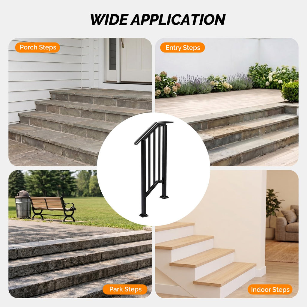 2 Pack 2 Step Handrails for Outdoor Steps, Wrought Iron Stair Railing Fits 1 or 2 Steps, Metal Hand Railing with