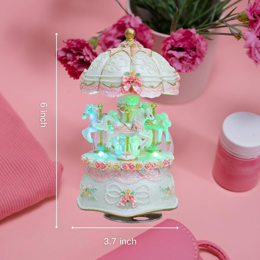 Pink Carousel Music Box for Girls: 3 Rotating Horses Colorful Led Lights
