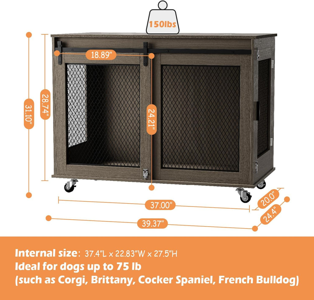 41" Grey Heavy Duty Wooden XL Dog Crate Furniture for Extra Large Dogs