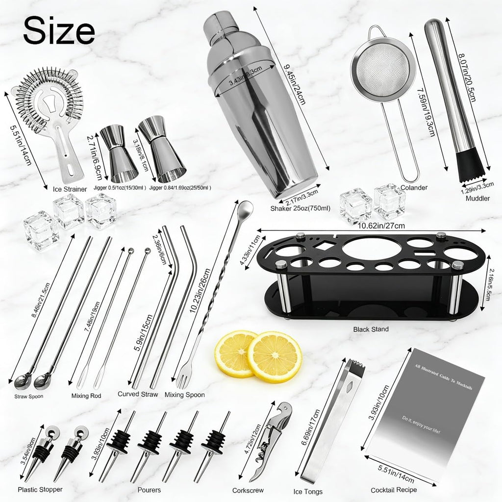 22-Piece 25oz Cocktail Shaker Set, Bartender Kit with Stand, Jigger for Bartending Kit, Bar Set Cocktail Shaker Set - Set of 22