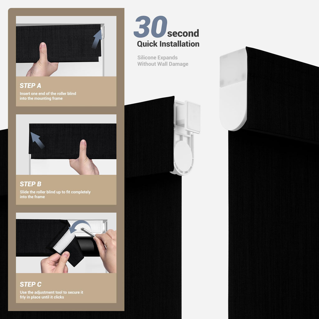Motorized Roller Blind with Remote, No Drill Smart Roller Shades for Indoor Window, Blackout Linen Fabric