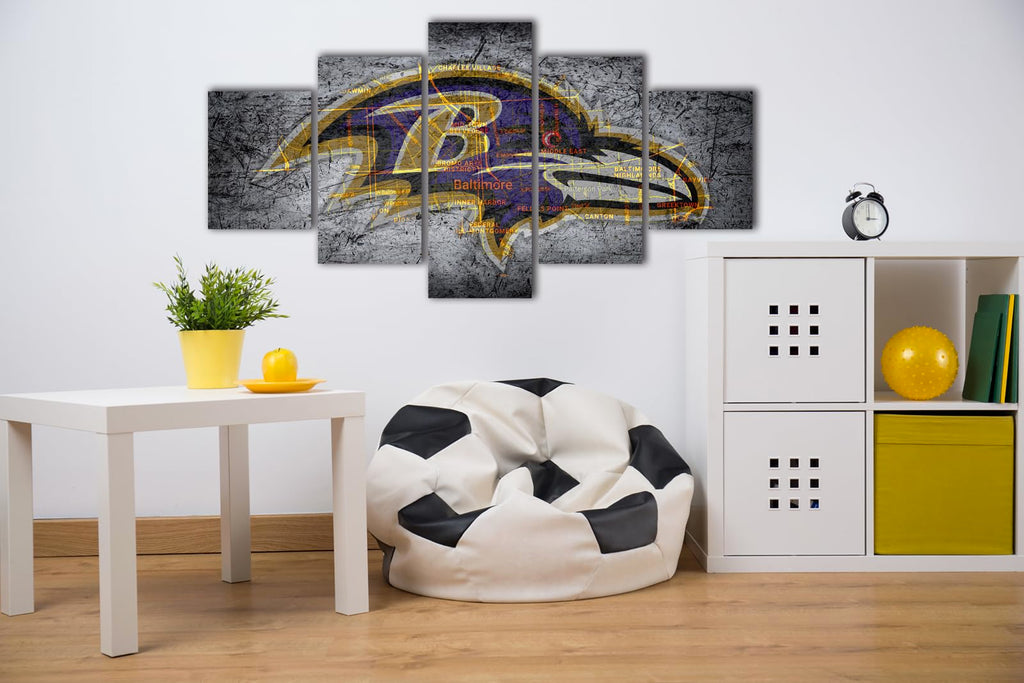 (100X175CM/5PCS) Framed Canvas Print Poster - Ravens emblem showing Baltimore city map - American football Wall Decor