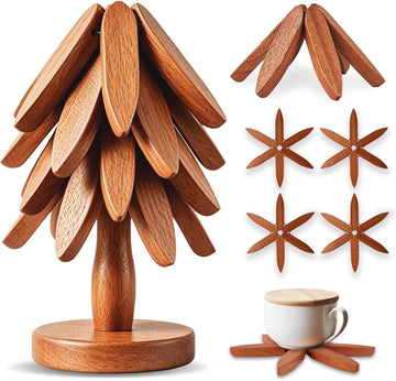 Wooden Tree Trivet Set - 4 Heat-Resistant Sapele Wood Trivets with Stand for Hot Pots and Pans, Kitchen Countertop - Set of 4